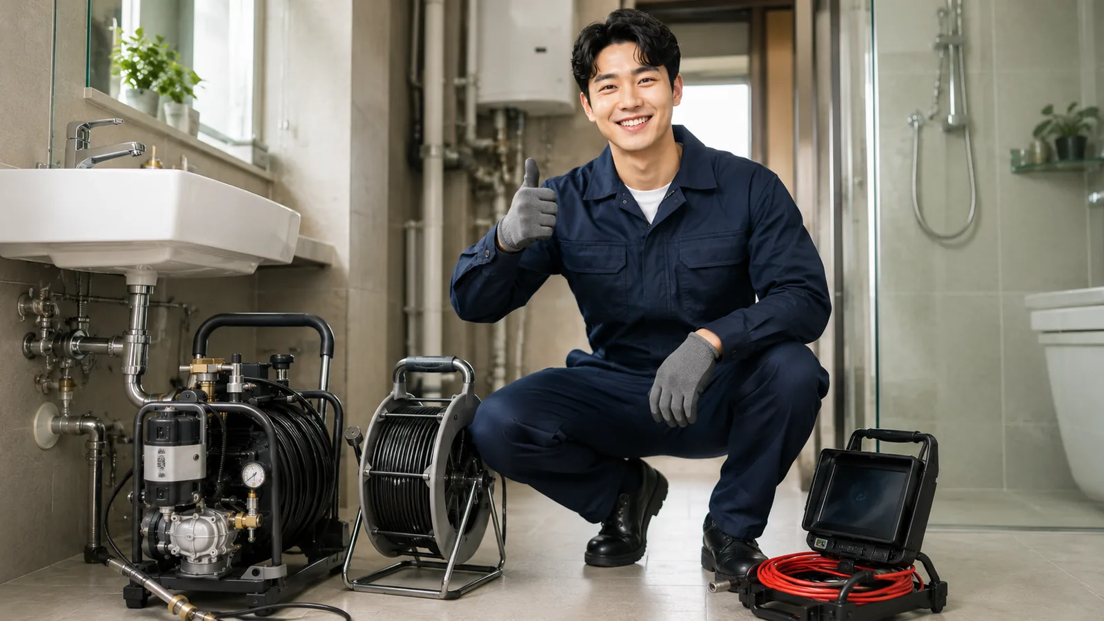 경기 북부 변기막힘 작업복 기술자와 변기내시경·전동스프링 전문 장비